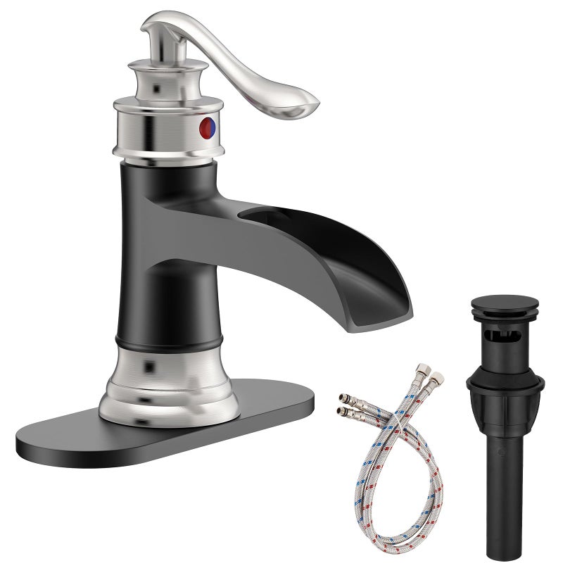 Homevacious Bathroom Sink Faucet Waterfall Single Handle Matte Black and Brushed Nickel Lavatory Vanity Basin Mixer Tap One Hole Lever Deck Mount Commercial Supply Line - Image 1